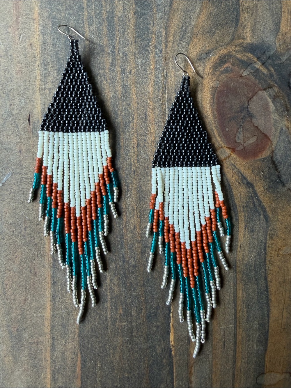 Handmade Beaded Teardrop Fringe Earrings - Black, White, Rust & Teal